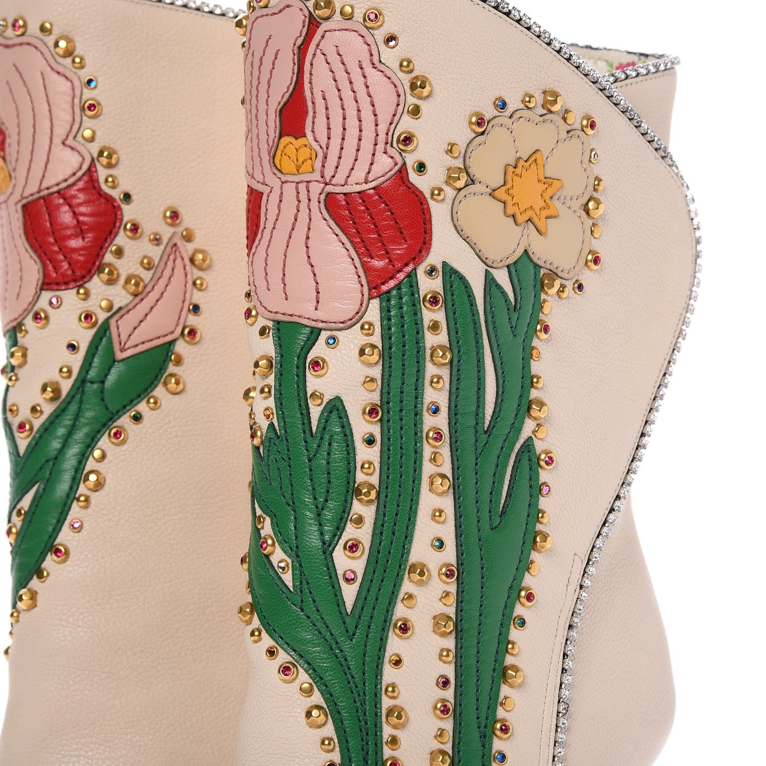 Gucci Calfskin Floral Crystal Embroidered Fosca Boots 36 Mystic White 8 of 14
