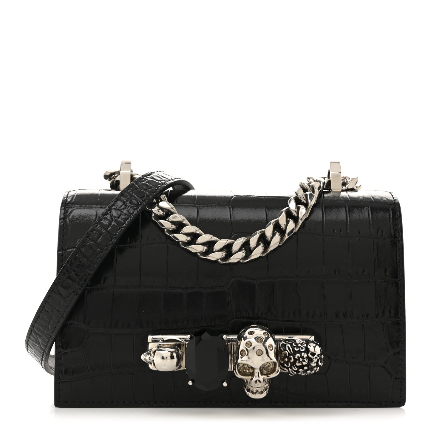 Shiny Calfskin Crocodile Embossed Mini Jeweled Satchel  Black