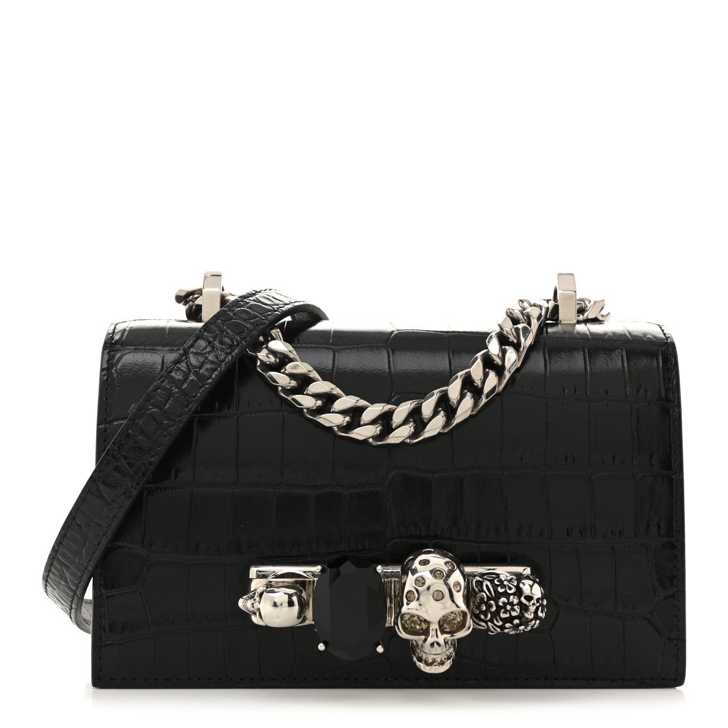 Alexander McQueen Shiny Calfskin Crocodile Embossed Mini Jeweled Satchel  Black 1 of 13