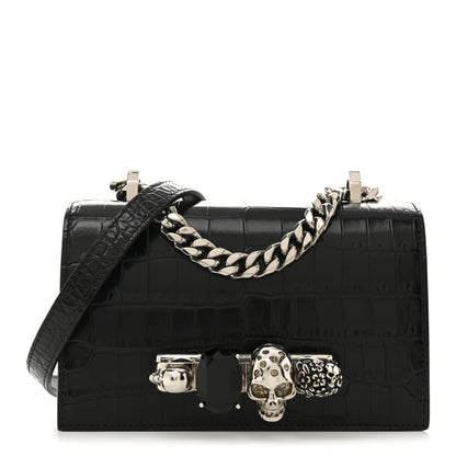 Alexander McQueen Shiny Calfskin Crocodile Embossed Mini Jeweled Satchel  Black 1 of 13