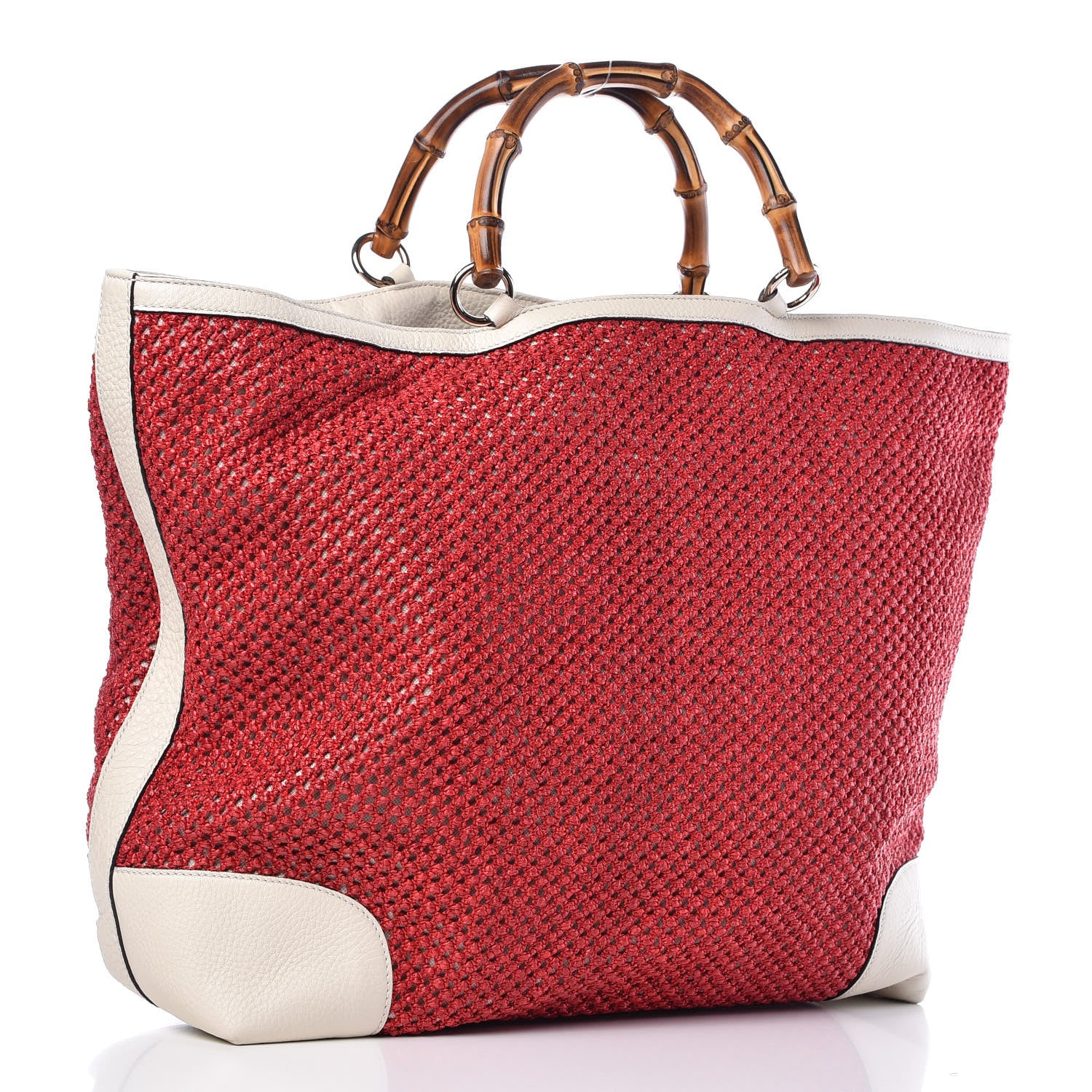 Gucci Straw Calfskin Bamboo Shopper Tote Raspberry 3 of 11