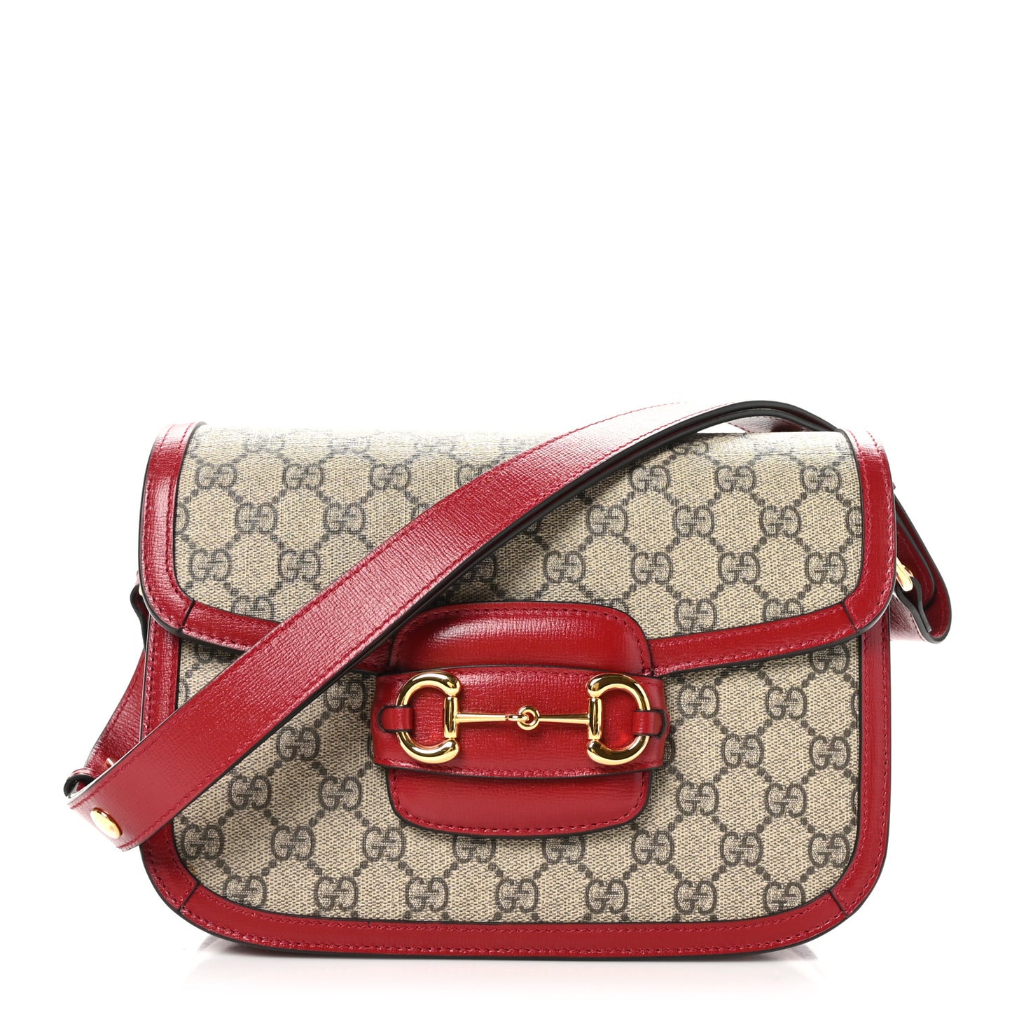 GG Supreme Monogram Azalea Calfskin Horsebit 1955 Shoulder Bag Beige Ebony New Cherry Red