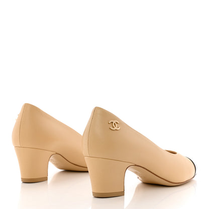 Chanel Lambskin Patent Cap Toe CC Pumps 38 Beige Black 4 of 11