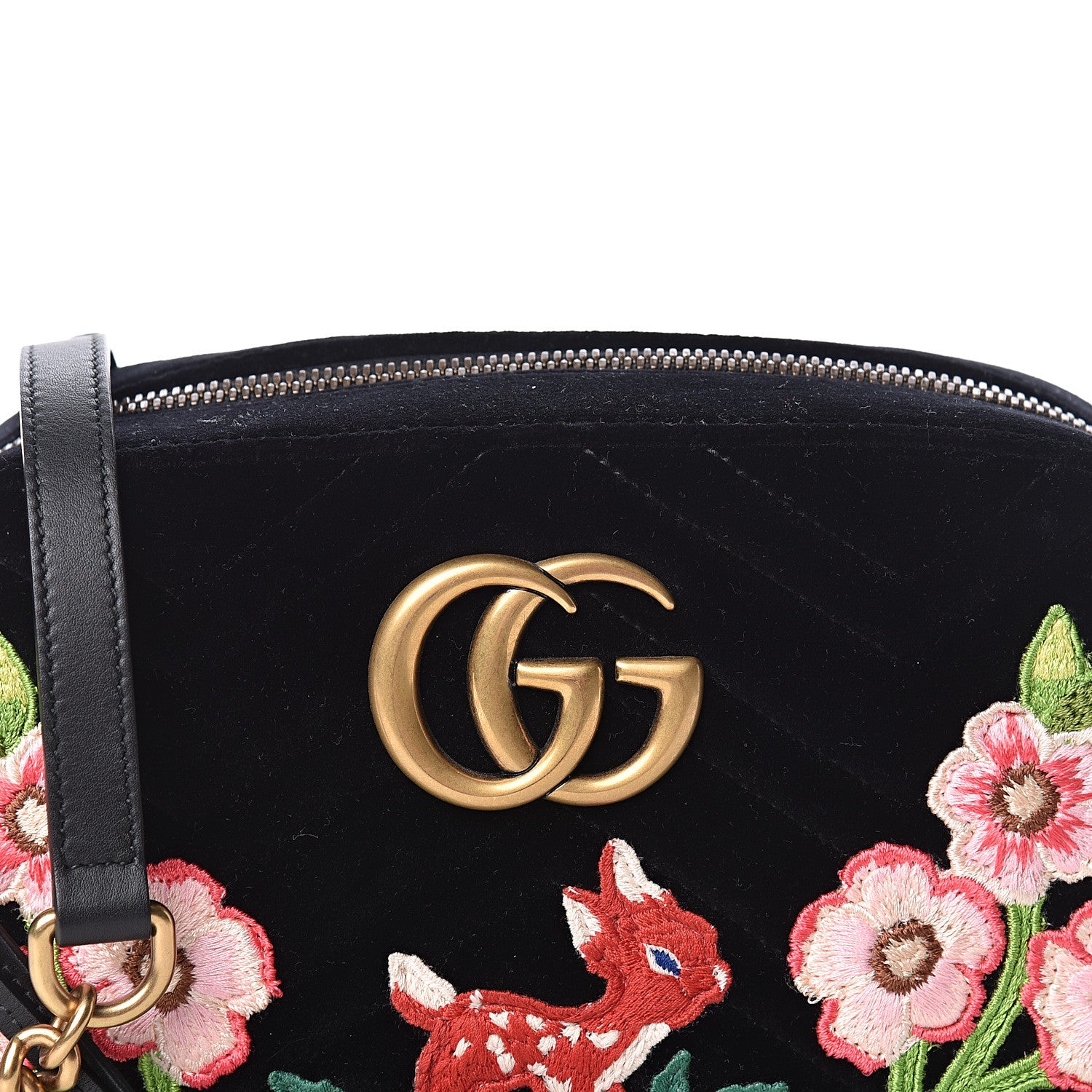 Gucci Velvet Matelasse Deer Embroidered Small GG Marmont Chain Shoulder Bag Black 10 of 10