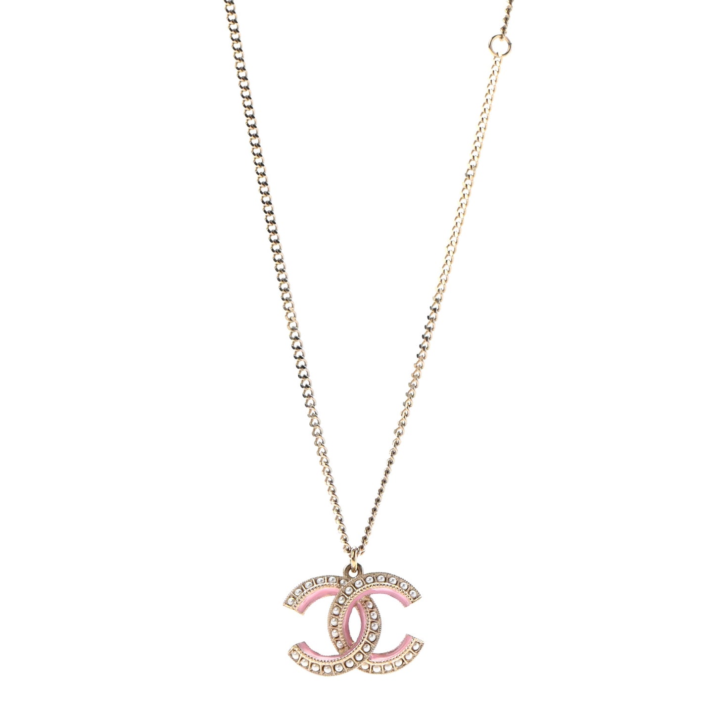Enamel Pearl CC Necklace Gold Pink