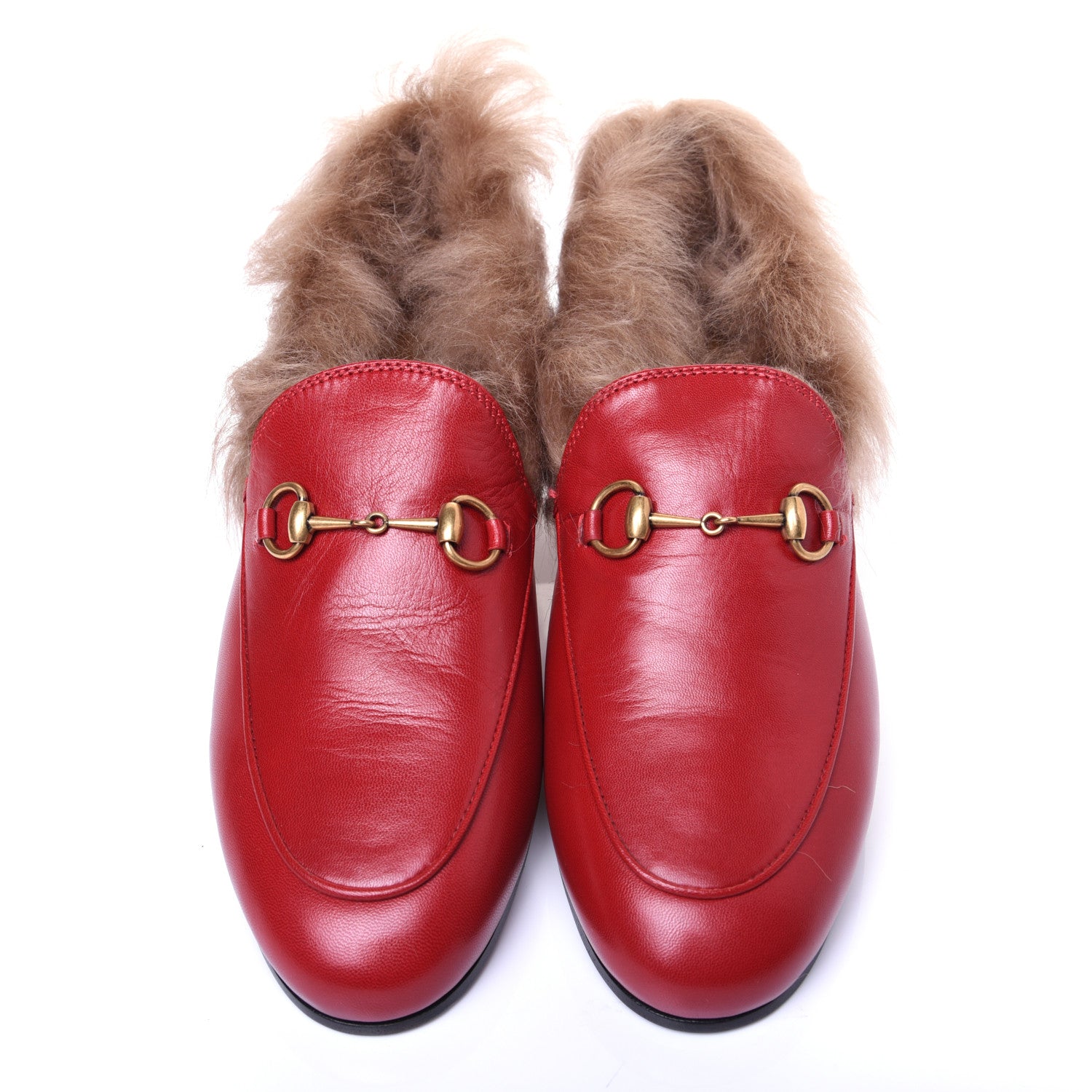 Gucci Malaga Kid Fur Womens Jordaan Loafers 38 Hibiscus Red Natural 5 of 11