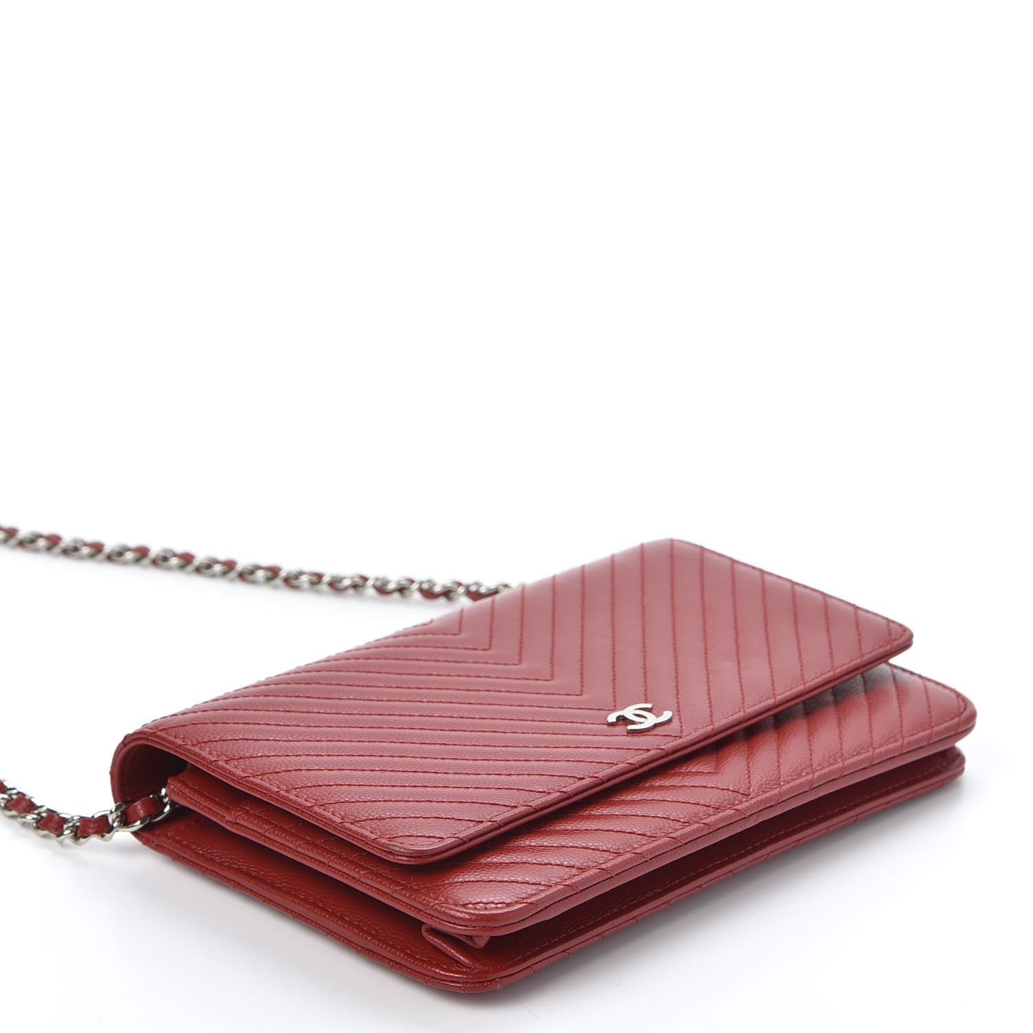 Chanel Caviar Chevron Quilted Wallet On Chain WOC Red 3 of 10