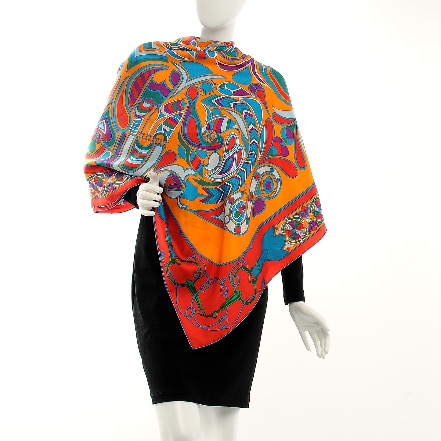 Silk Folklore Scarf 140 Orange Rouge Cobalt