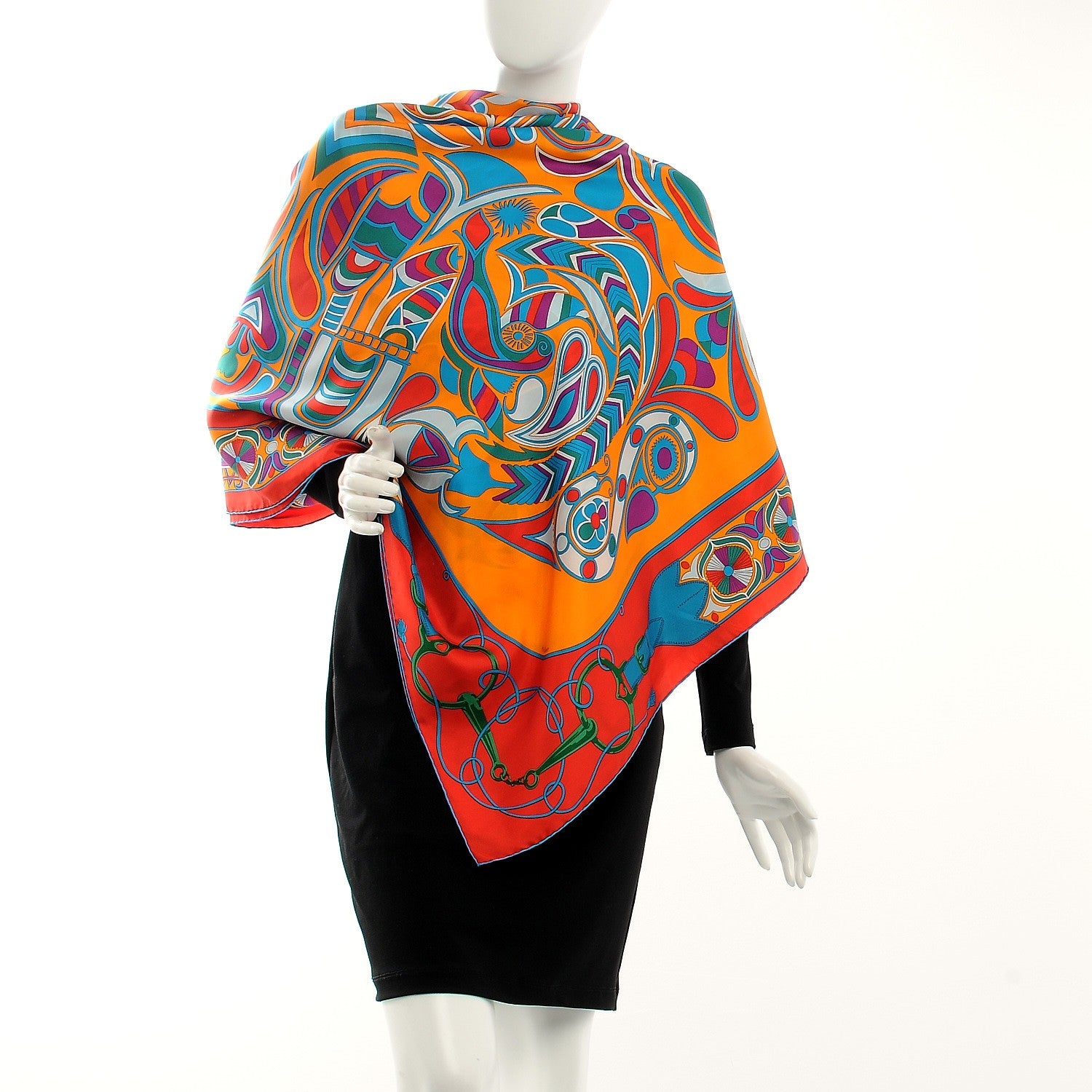 Hermes Silk Folklore Scarf 140 Orange Rouge Cobalt 2 of 6