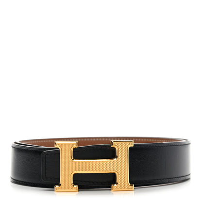 Hermes Box Togo 32mm Guilloche H Belt 80 Black Gold 1 of 7