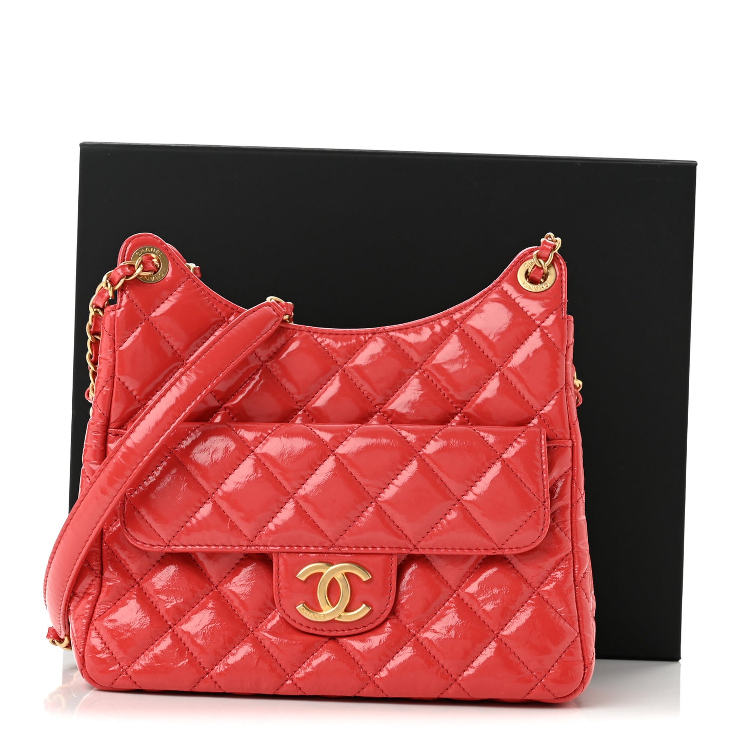 Shiny Crumpled Calfskin Quilted Wavy CC Hobo Red