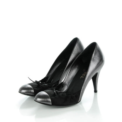 Chanel Metallic Lambskin Satin Elastic Cap Toe Pumps 39 Black Dark Silver 3 of 8
