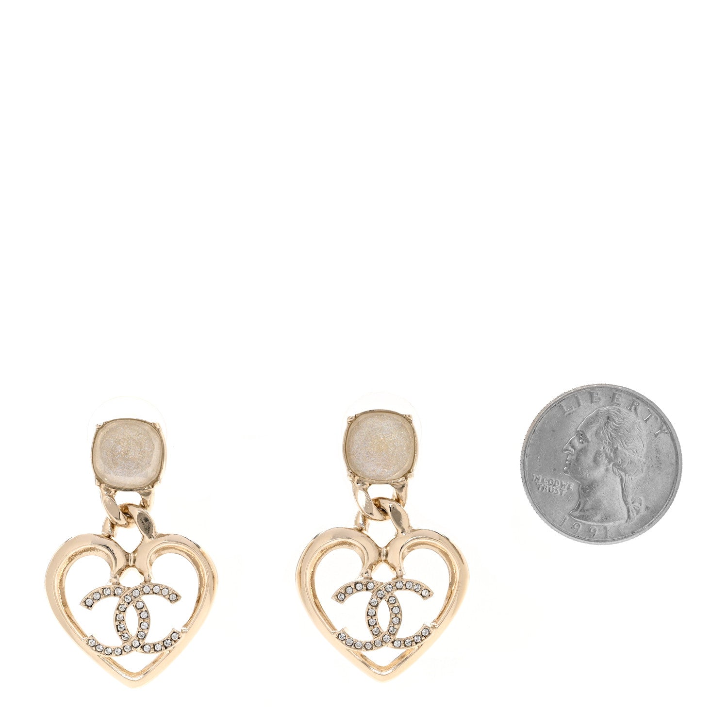 Chanel Metal Strass CC Heart Drop Earrings Gold 2 of 4