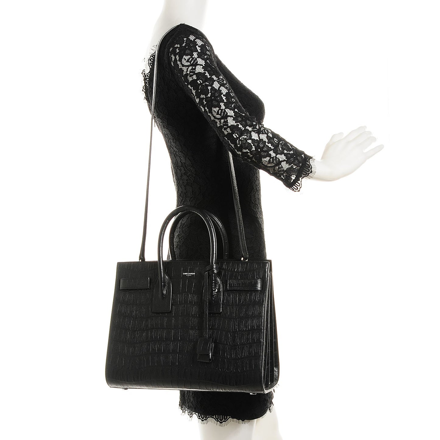 Calfskin Crocodile Embossed Small Sac de Jour Black