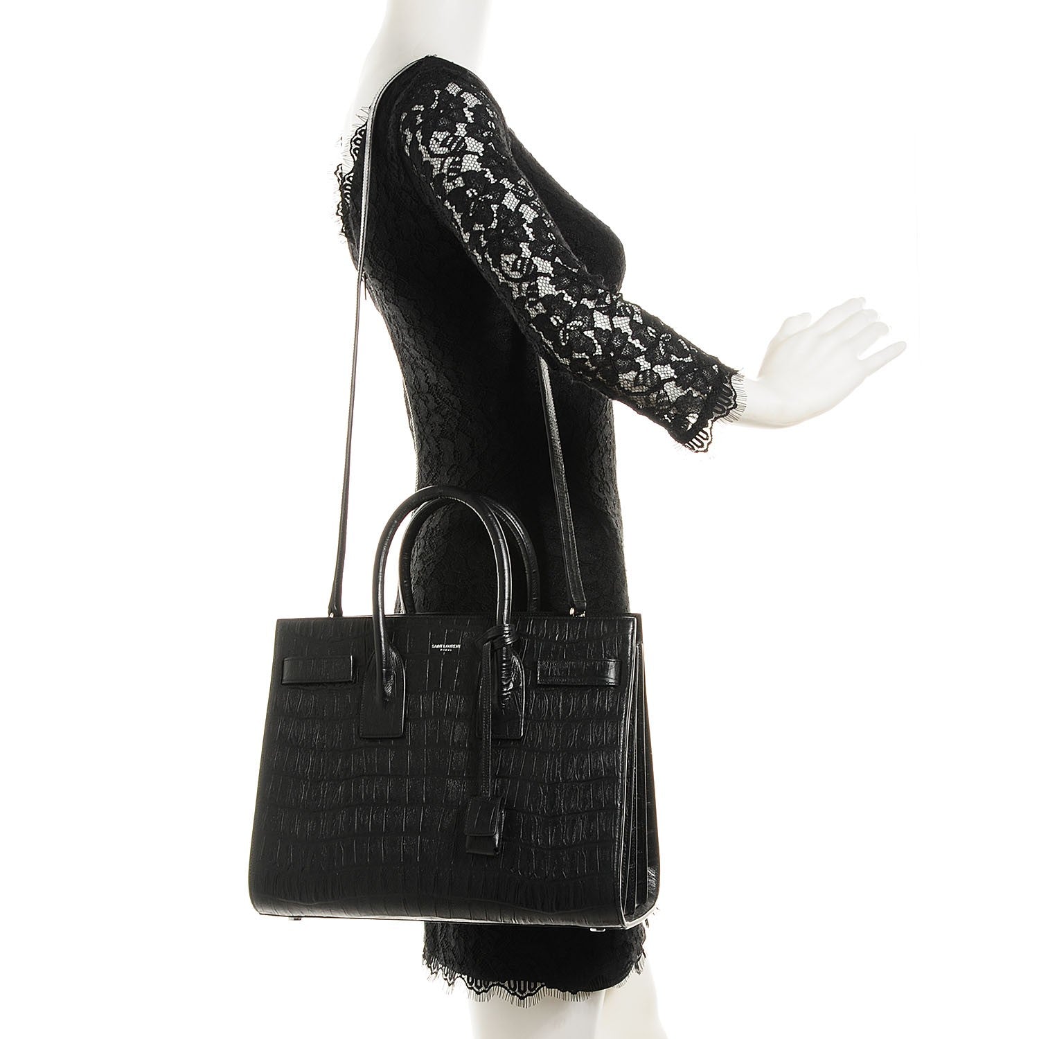 Saint Laurent Calfskin Crocodile Embossed Small Sac de Jour Black 2 of 7