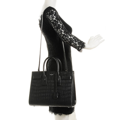 Saint Laurent Calfskin Crocodile Embossed Small Sac de Jour Black 2 of 7