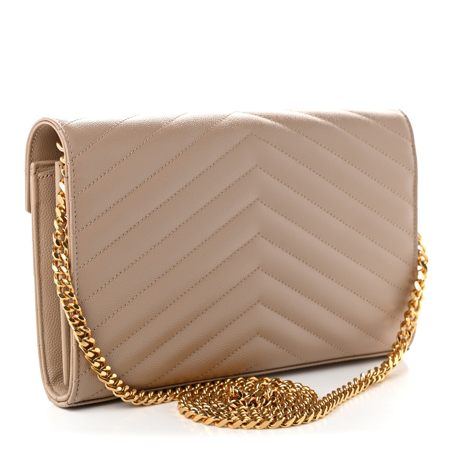 Saint Laurent Grain De Poudre Matelasse Chevron Monogram Chain Wallet Dark Beige 3 of 10