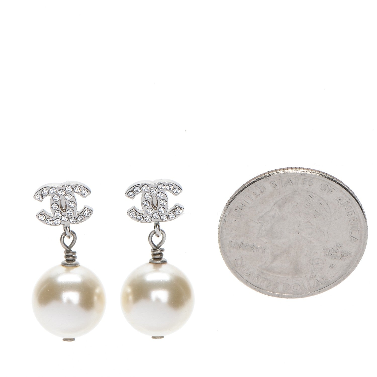 Chanel Crystal Pearl CC Drop Earrings Silver 2 of 5