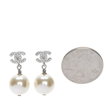 Chanel Crystal Pearl CC Drop Earrings Silver 2 of 5