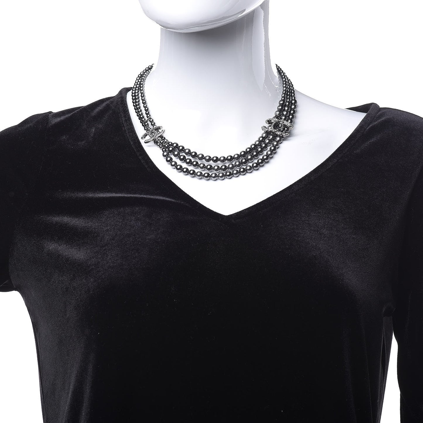 Pearl Crystal CC Triple Strand Necklace Dark Grey