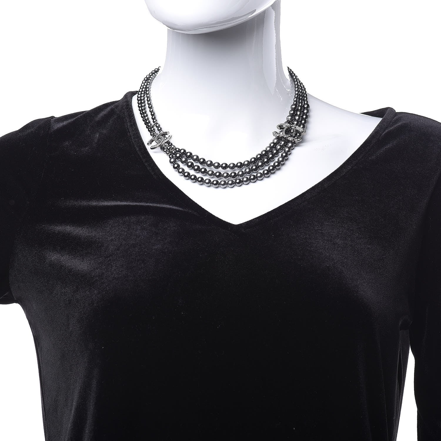 Chanel Pearl Crystal CC Triple Strand Necklace Dark Grey 2 of 4