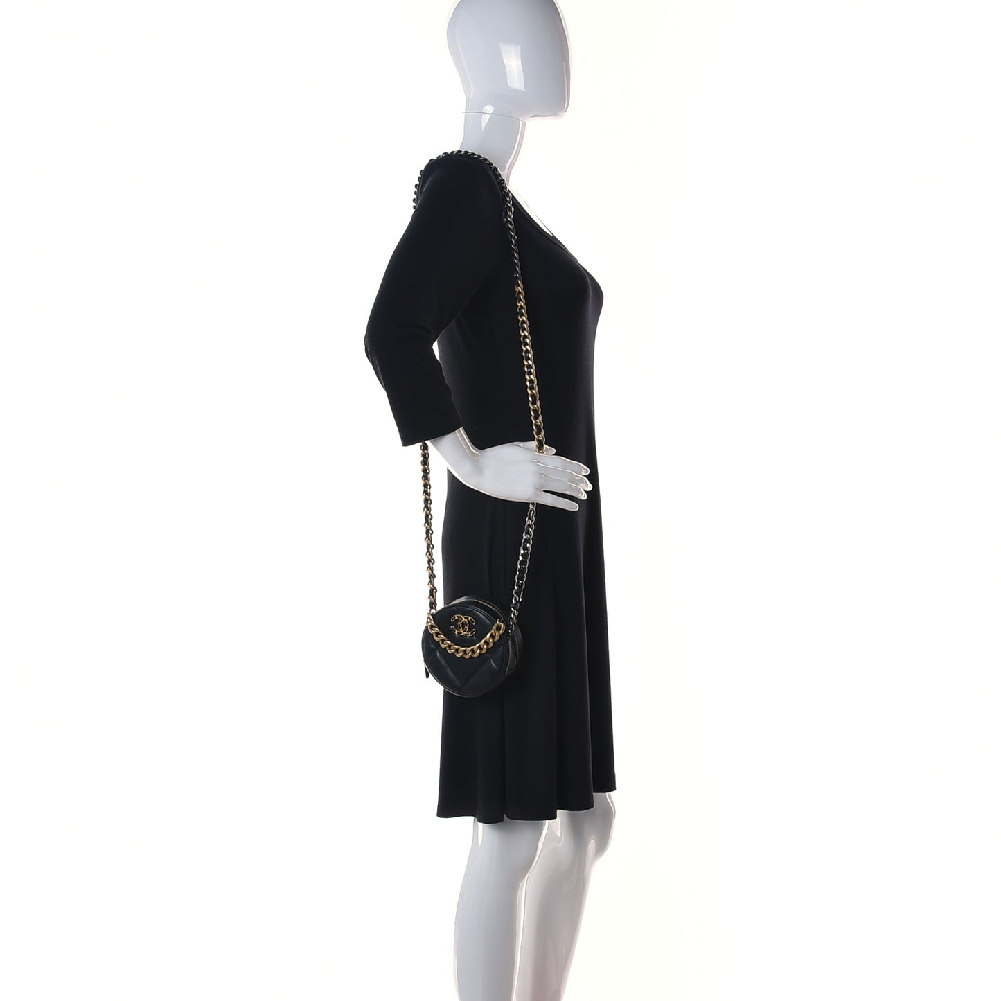 Goatskin Quilted Chanel 19 Round Clutch With Chain Black