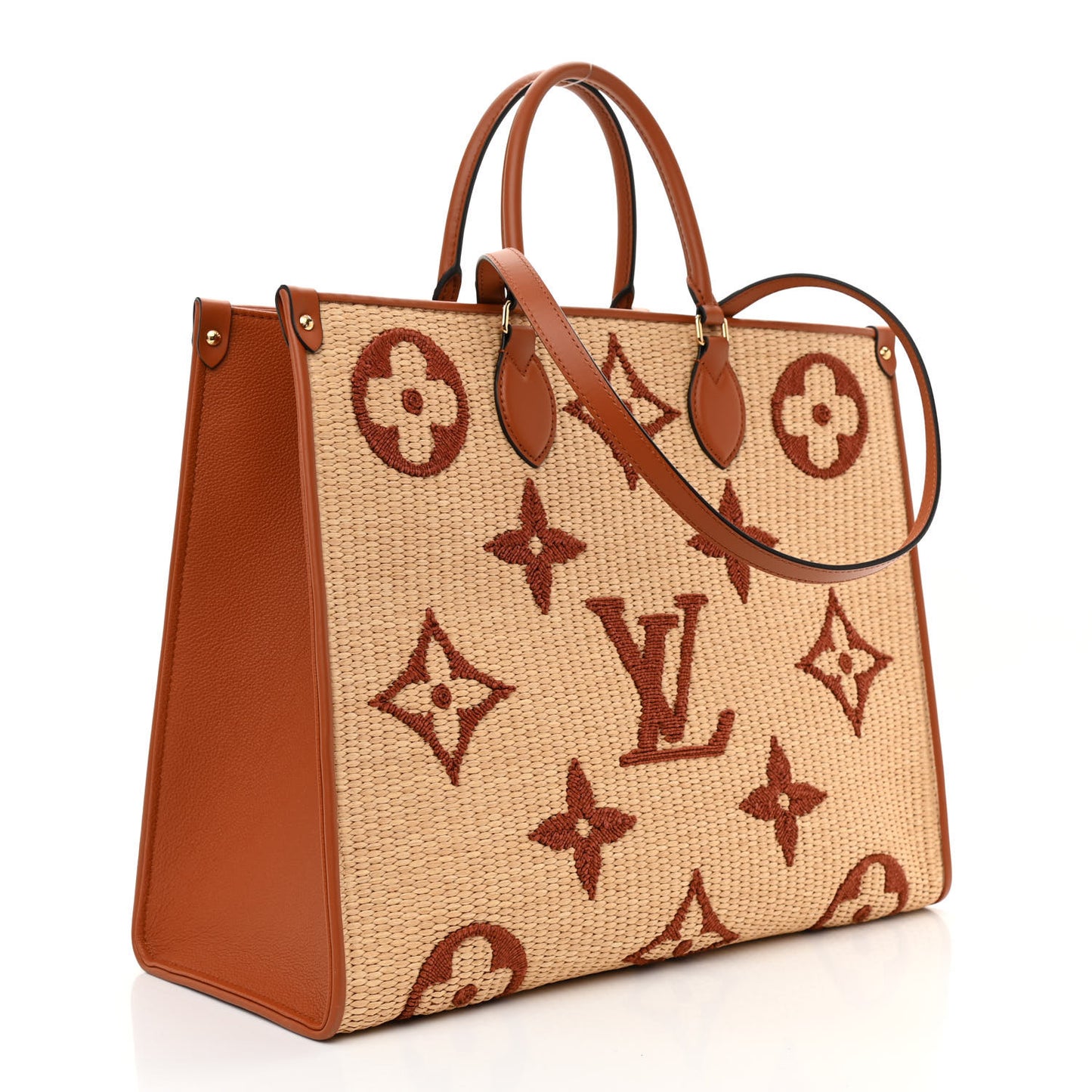 Raffia Calfskin Monogram Giant Onthego MM Tan