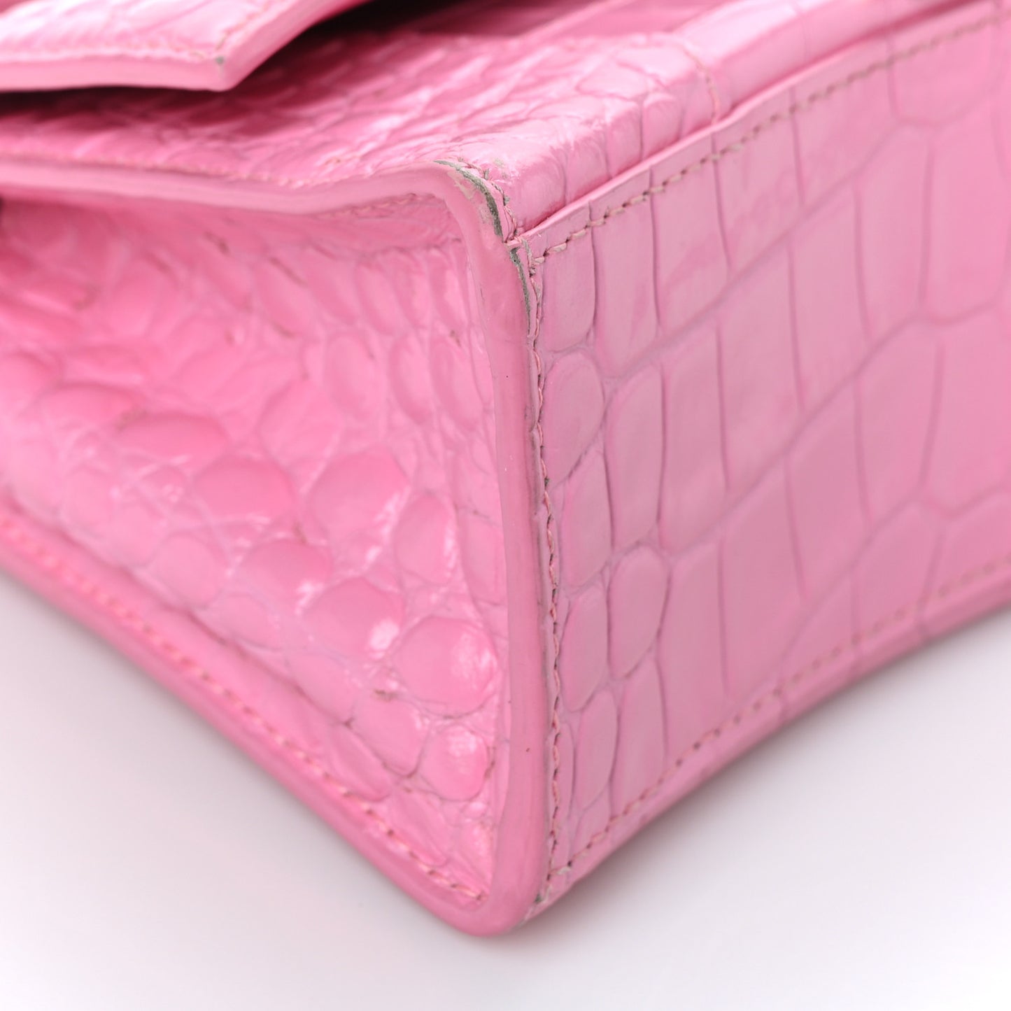 Shiny Calfskin Crocodile Embossed Hourglass Top Handle Bag XS Baby Pink