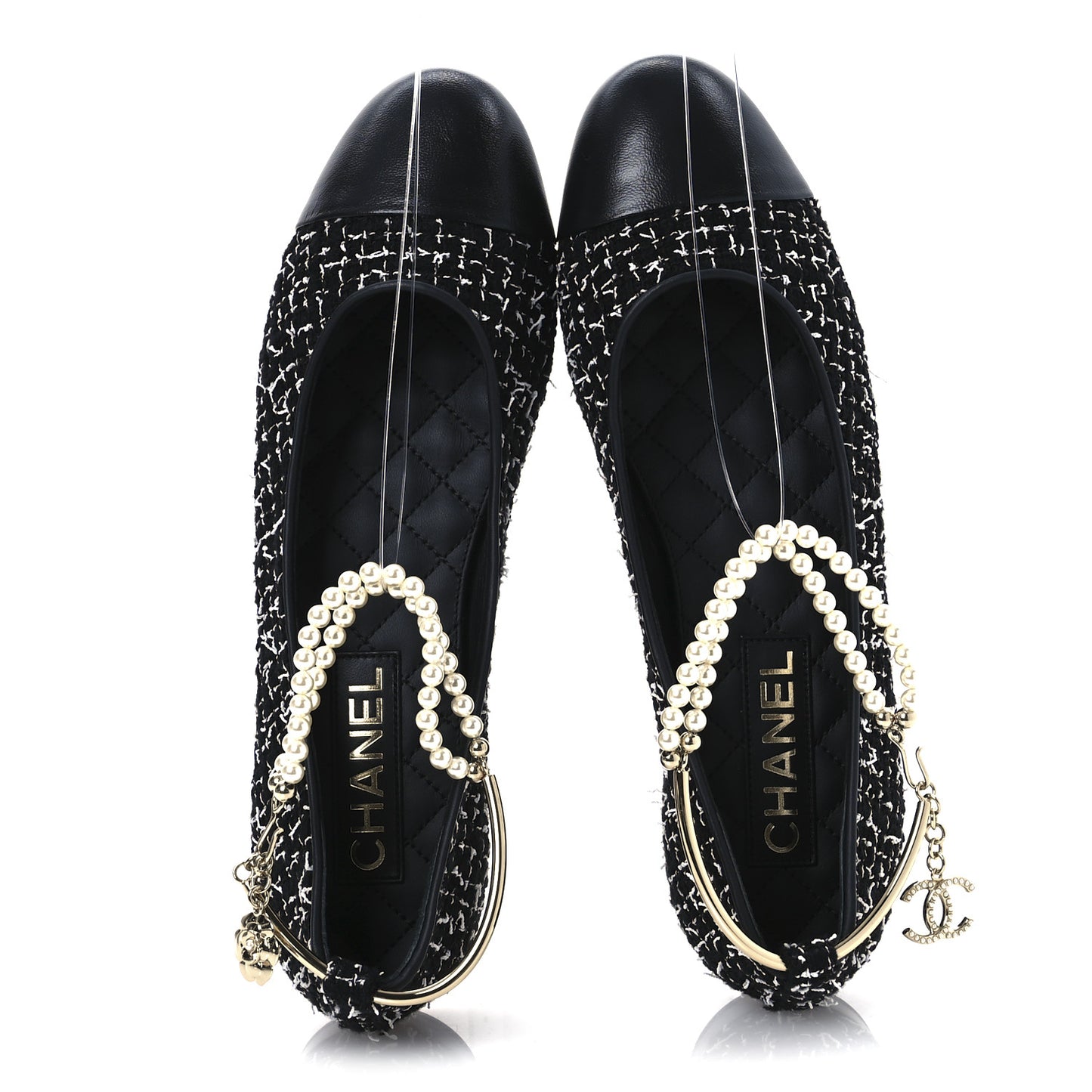 Tweed Lambskin Cap Toe Ankle Chain Ballerina Flats 39.5 Black White