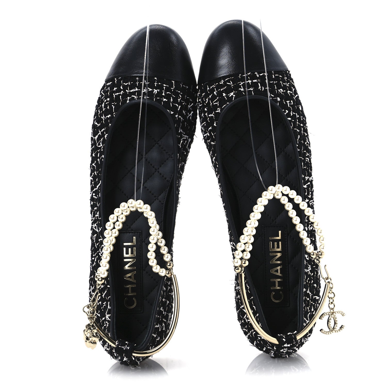 Chanel Tweed Lambskin Cap Toe Ankle Chain Ballerina Flats 39.5 Black White 2 of 10