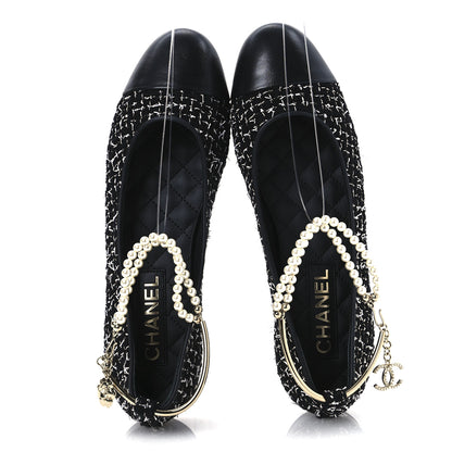 Chanel Tweed Lambskin Cap Toe Ankle Chain Ballerina Flats 39.5 Black White 2 of 10