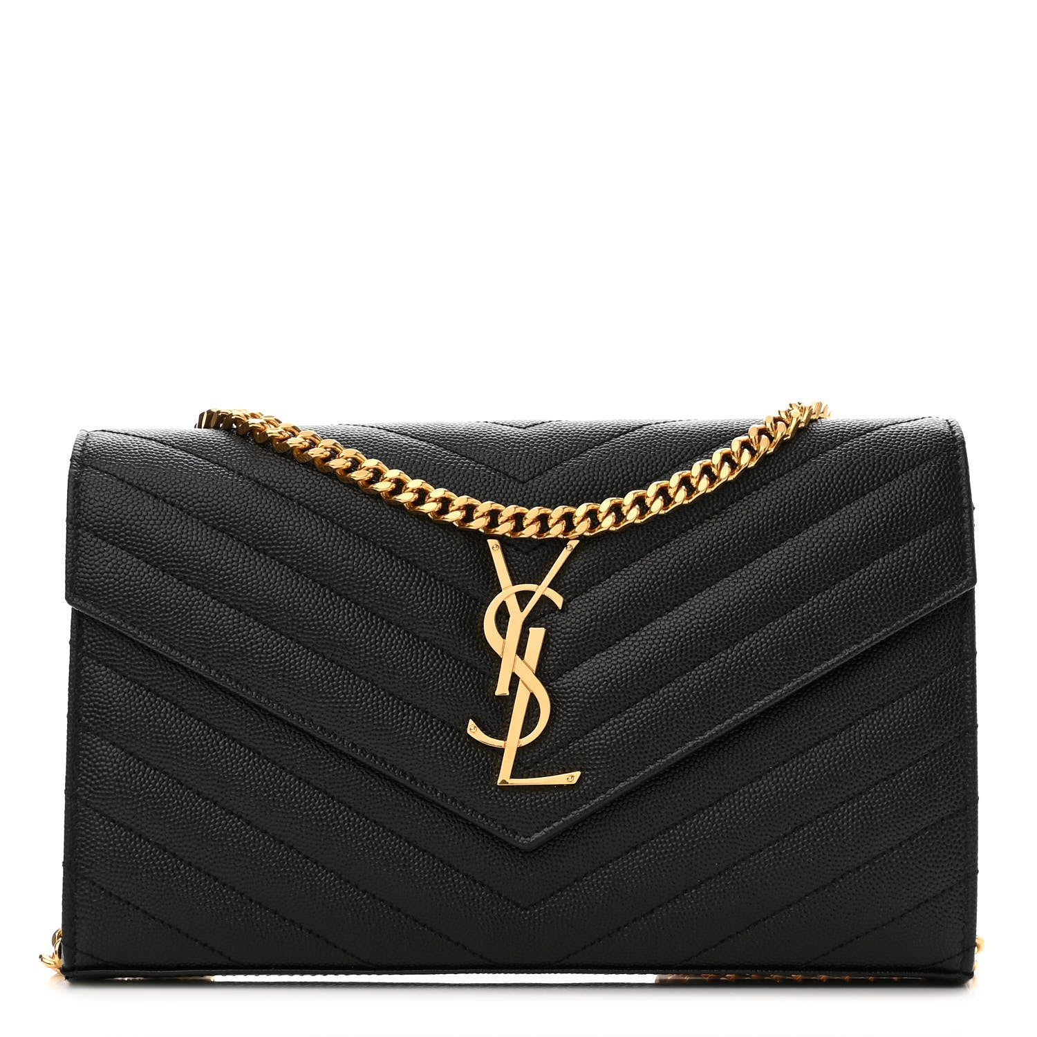 Saint Laurent Grain De Poudre Matelasse Chevron Monogram Chain Wallet Black 1 of 8