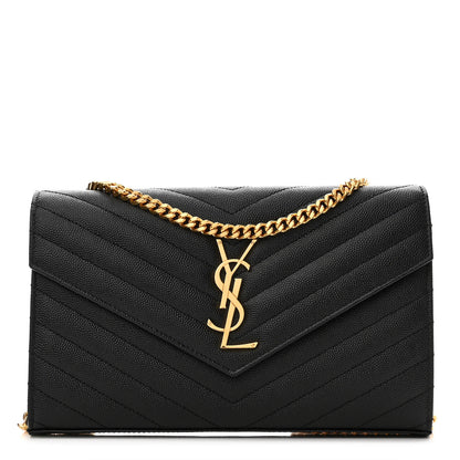 Saint Laurent Grain De Poudre Matelasse Chevron Monogram Chain Wallet Black 1 of 8