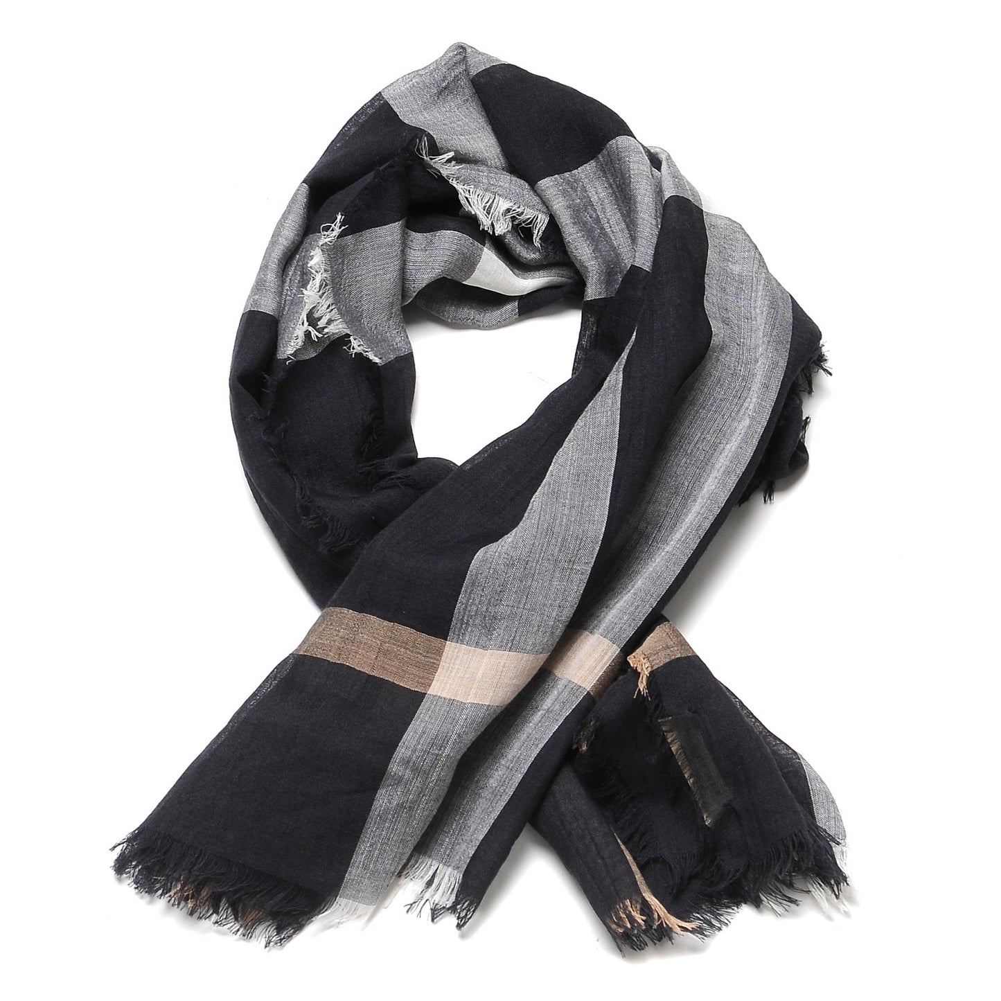 Silk Modal Wool Check Lightweight Scarf Black