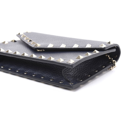 Valentino Garavani Pebbled Calfskin Rockstud Envelope Wallet on Chain Indigo 6 of 9