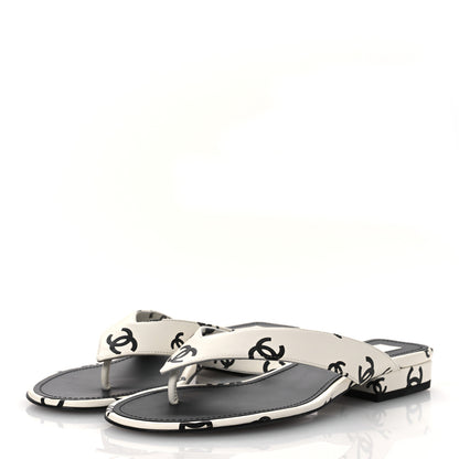 Chanel Lambskin Printed CC Thong Sandals 37 White Black 4 of 11