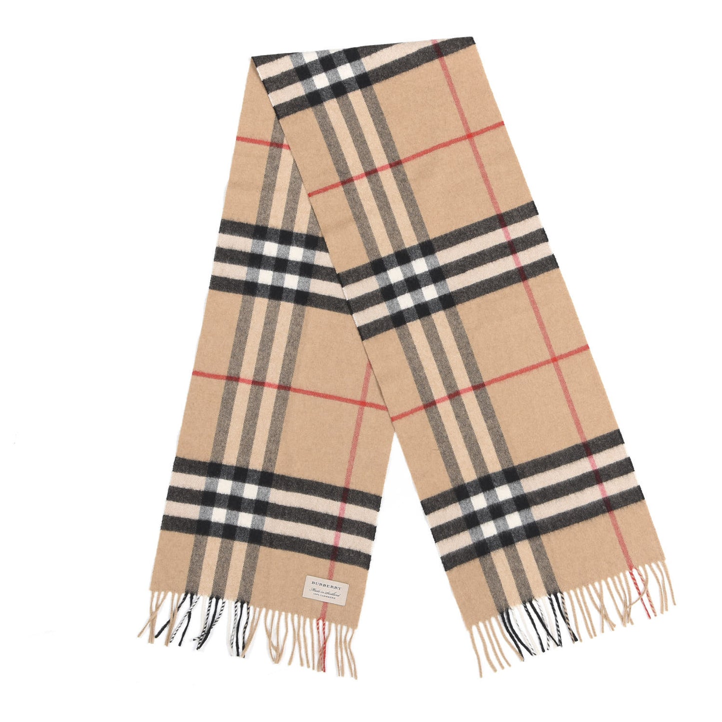 Cashmere Giant Check Fringe Scarf Camel
