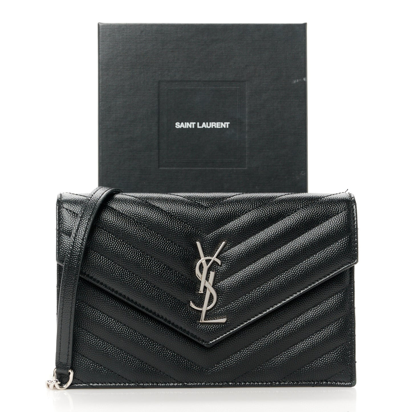 Grain De Poudre Matelasse Chevron Monogram Envelope Chain Wallet Black