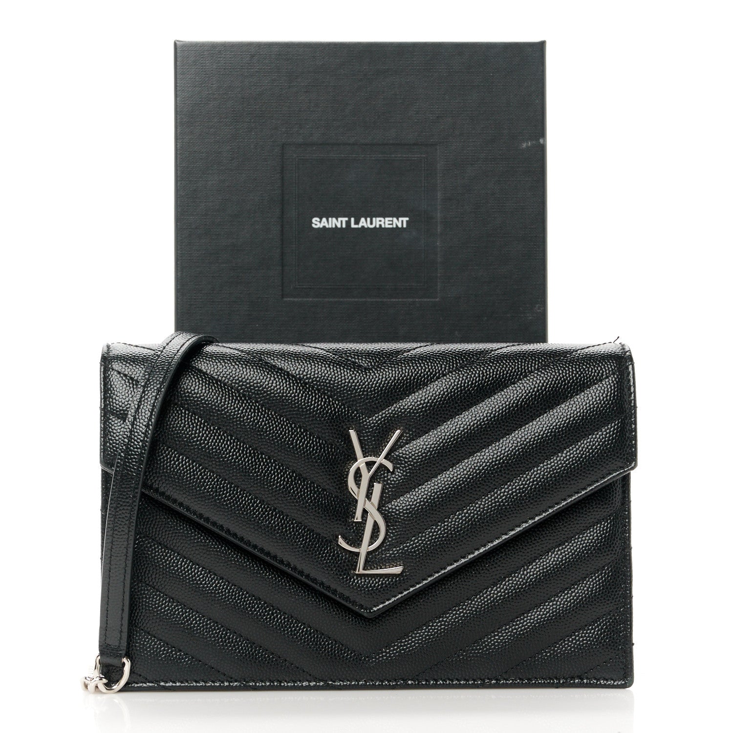 Saint Laurent Grain De Poudre Matelasse Chevron Monogram Envelope Chain Wallet Black 11 of 11
