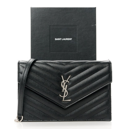 Saint Laurent Grain De Poudre Matelasse Chevron Monogram Envelope Chain Wallet Black 11 of 11