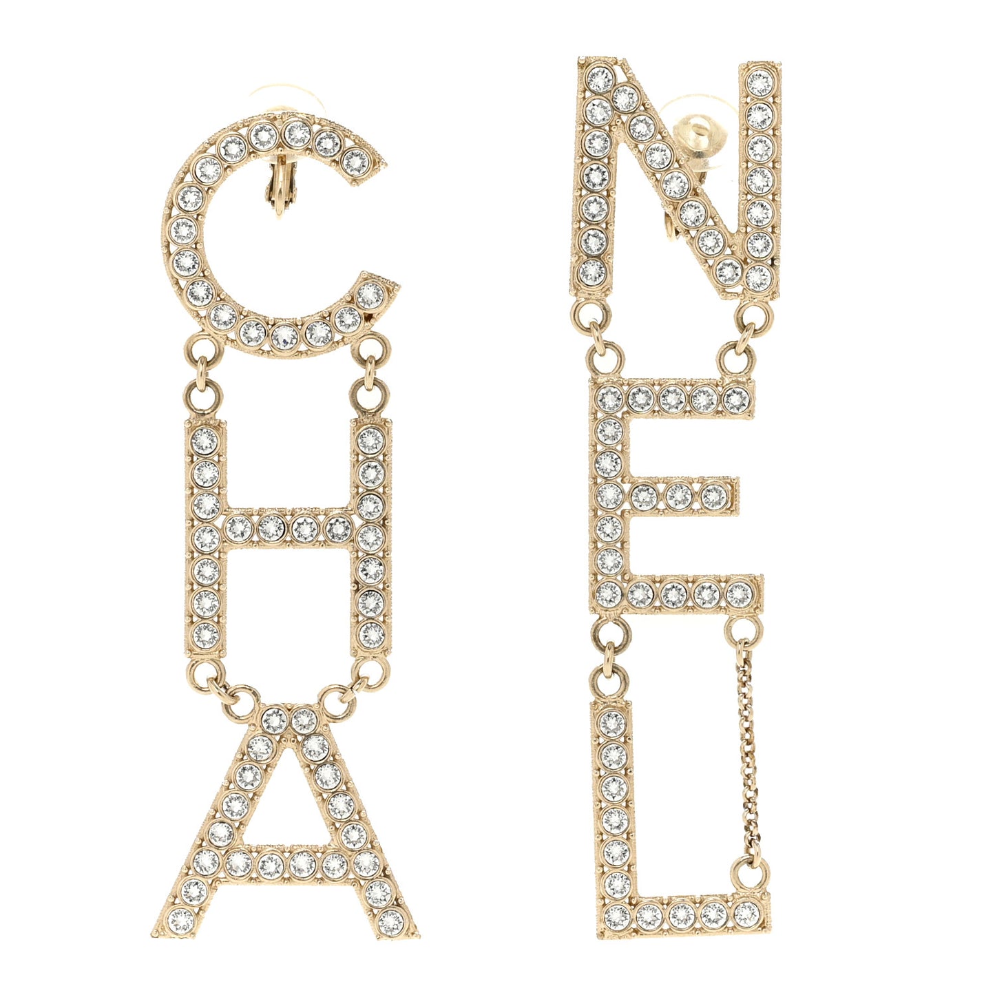 Crystal Cha-Nel Logo Drop Clip On Earrings Gold