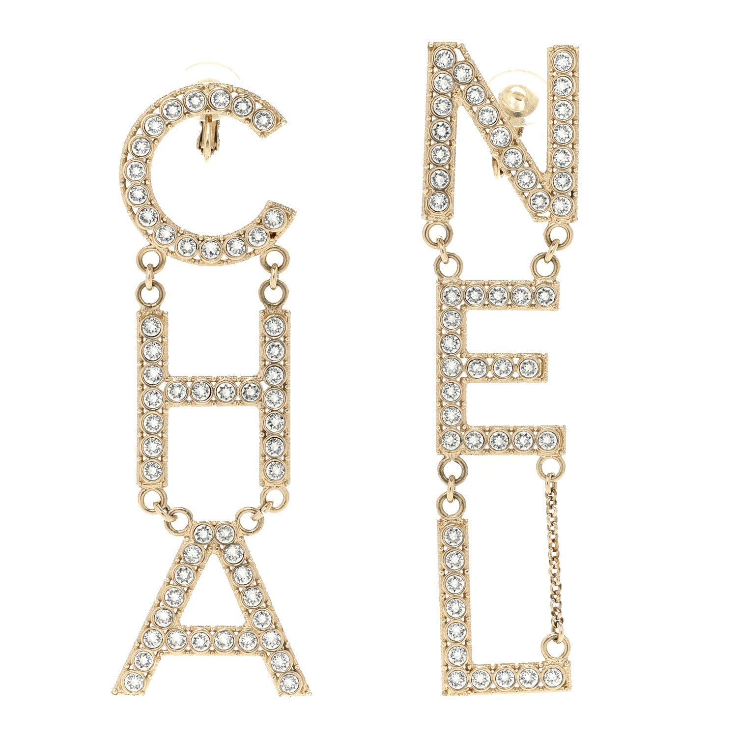 Chanel Crystal Cha-Nel Logo Drop Clip On Earrings Gold 1 of 4