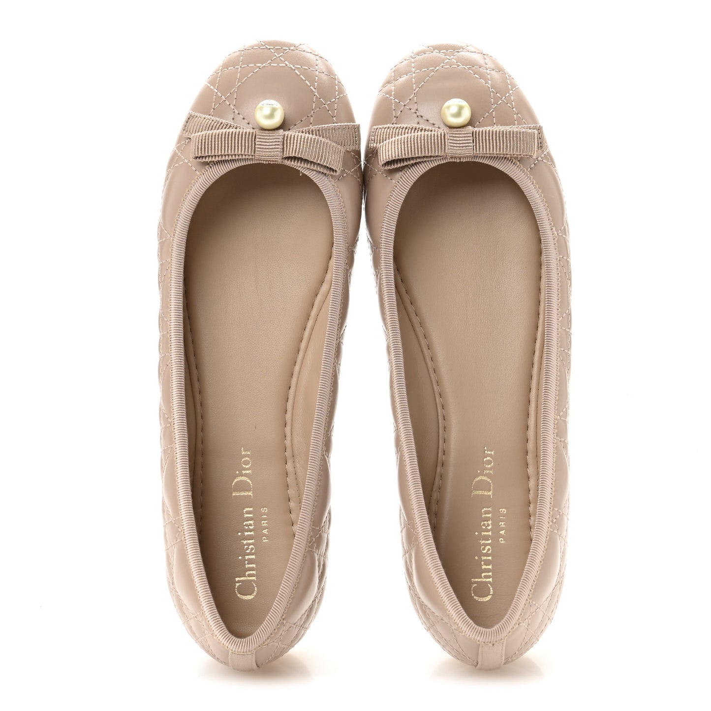 Calfskin Cannage Pearl Bow Ballet Flats 37.5 Nude