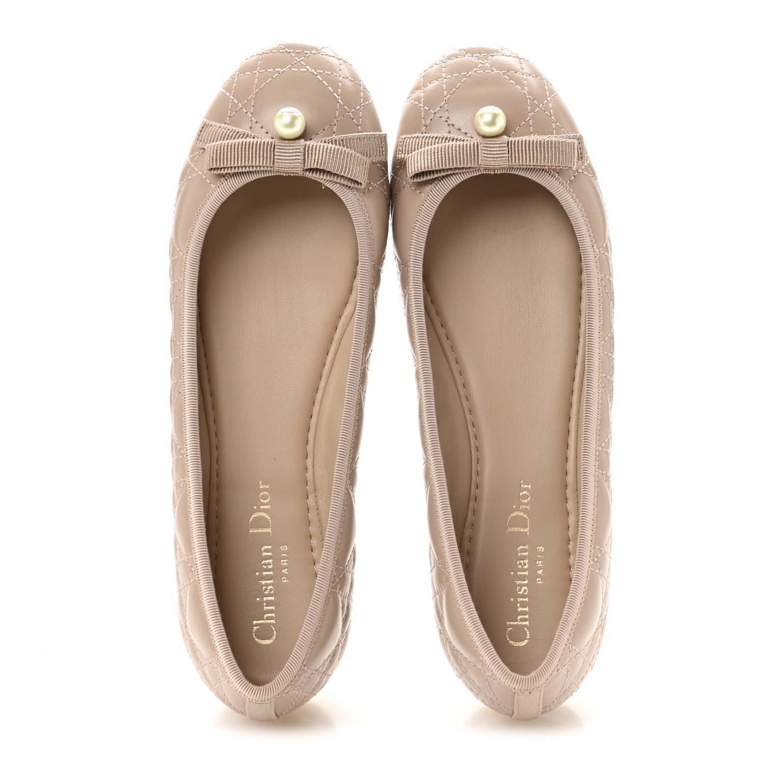 Christian Dior Calfskin Cannage Pearl Bow Ballet Flats 37.5 Nude 2 of 10