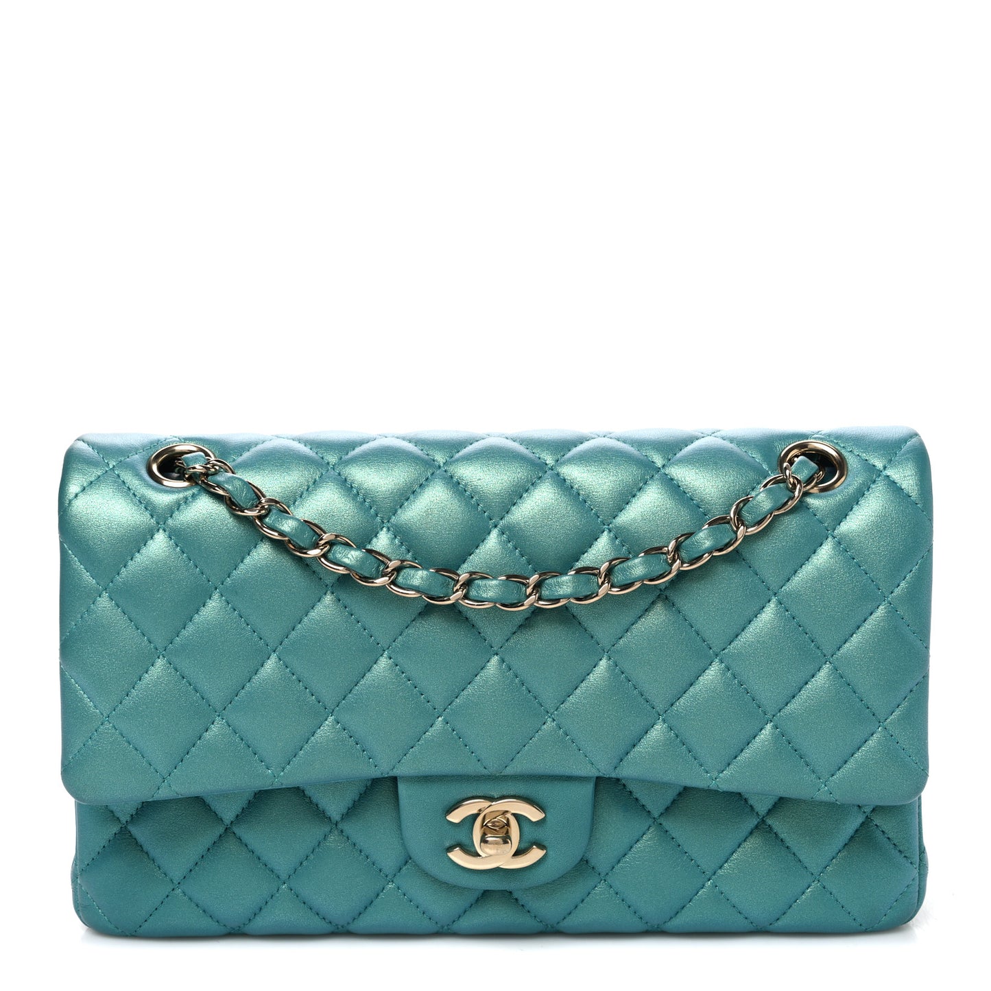 Iridescent Caviar Quilted Medium Double Flap Green