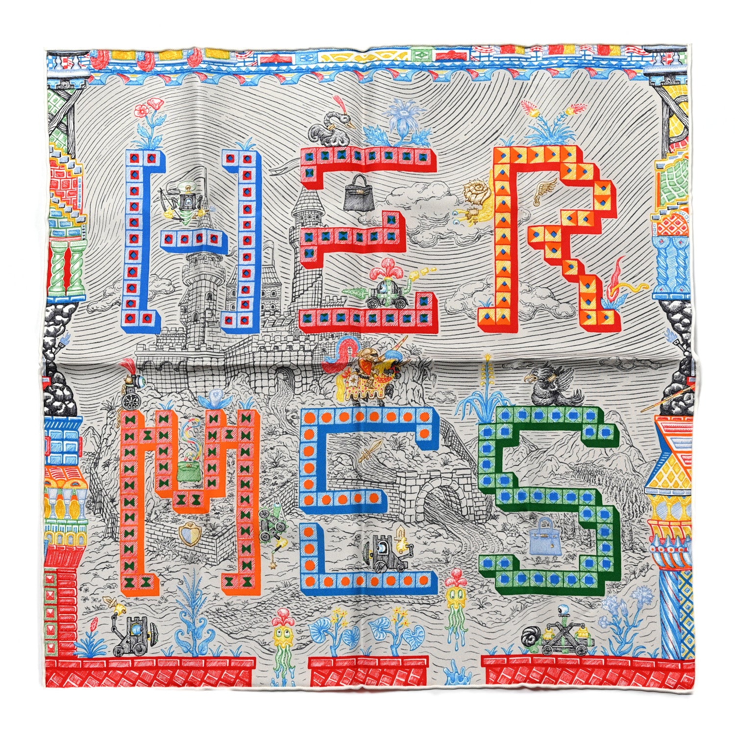 Hermes Silk Super Silk Quest Scarf 45 49 4.75 Gris Rouge Bleu 1 of 3