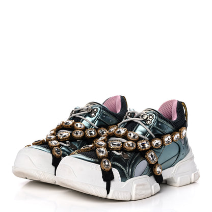 Gucci X SEGA Metallic Calfskin Removable Crystals Womens Flashtrek Sneakers 39 Lago Loess Silver 3 of 8