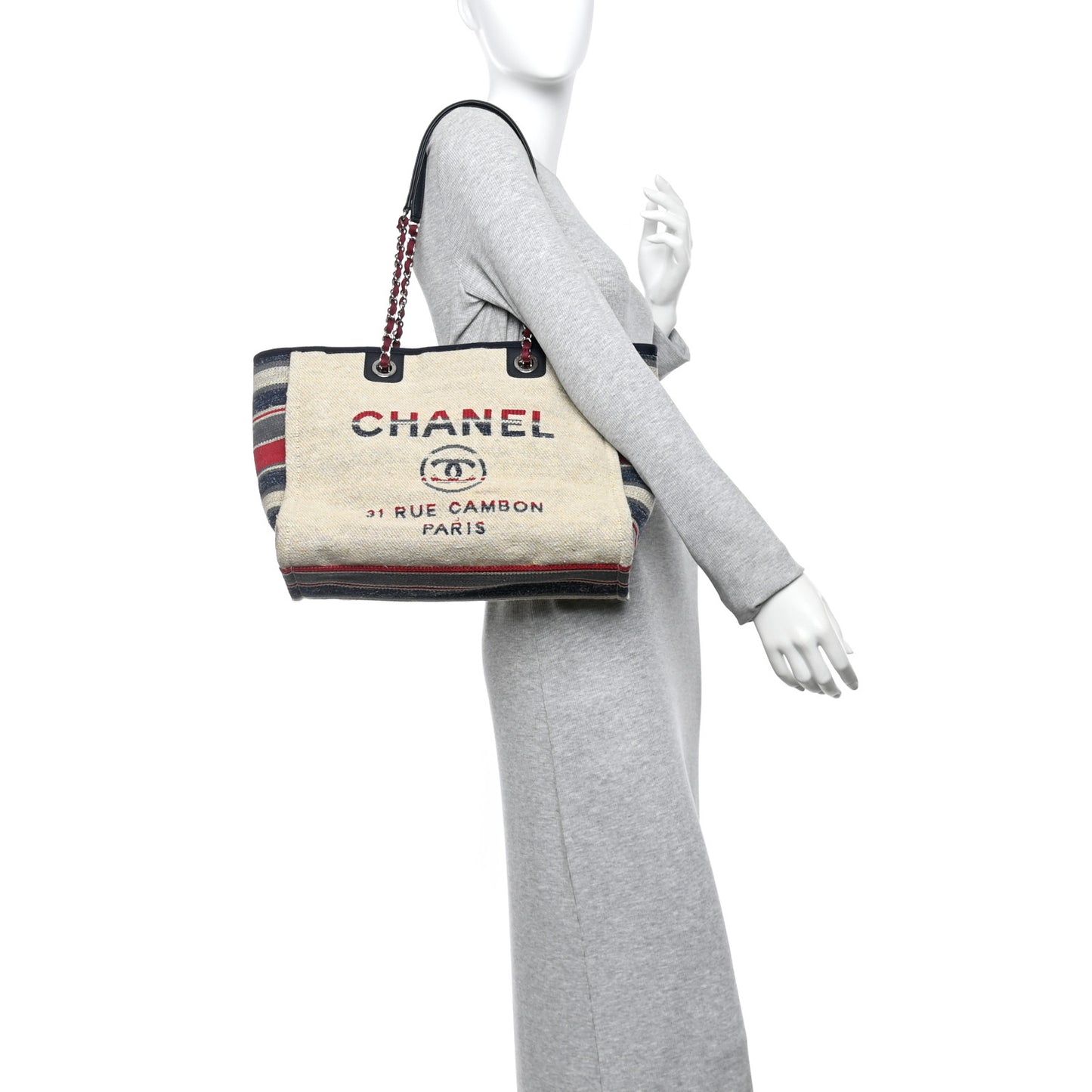 Striped Canvas Small Deauville Tote Beige