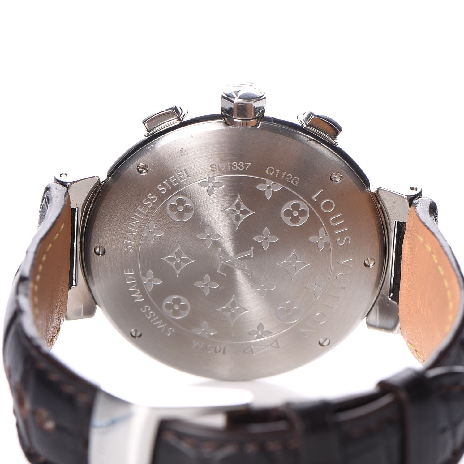 Louis Vuitton Stainless Steel Alligator Diamond 41mm Tambour Chronograph Automatic Watch Brown 5 of 9