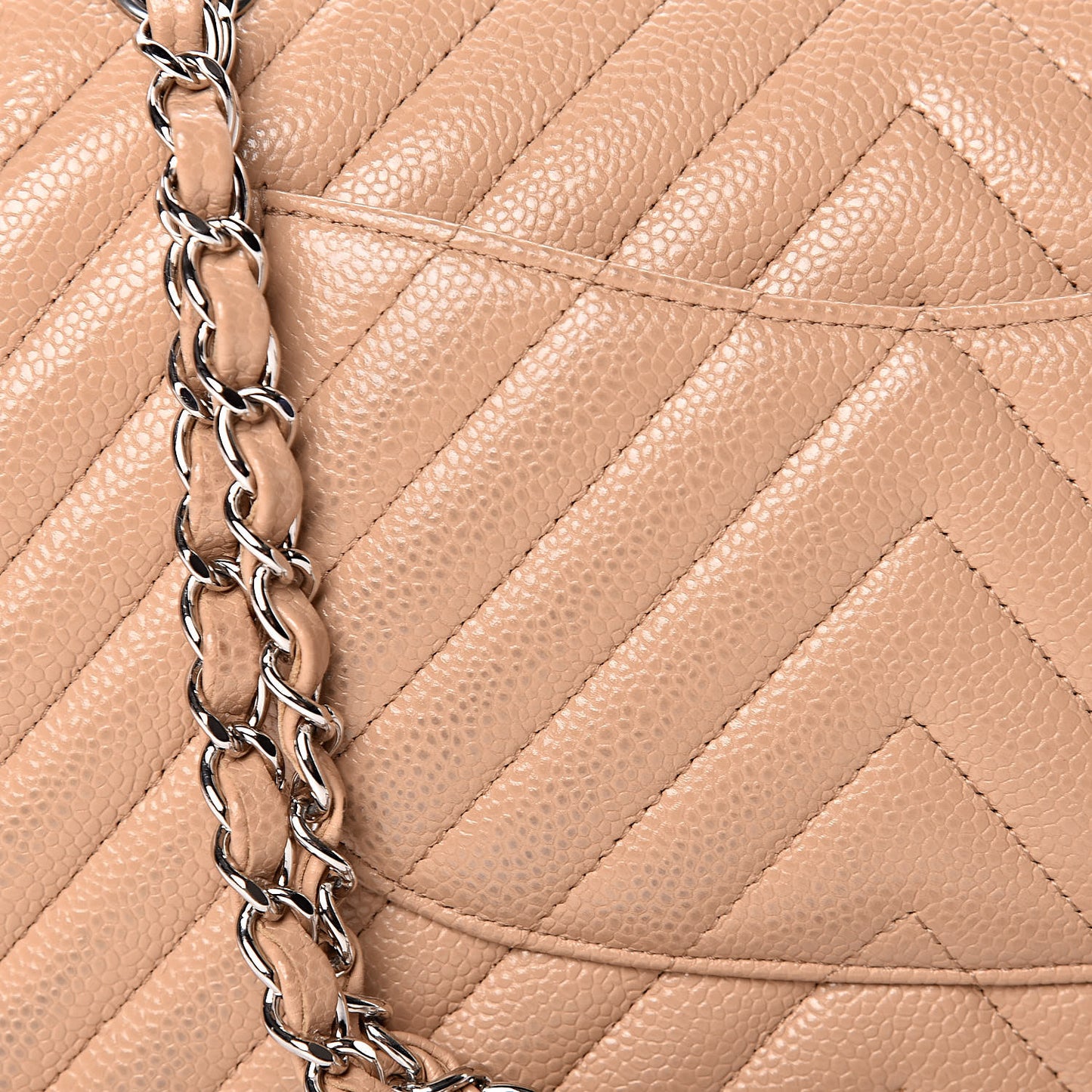 Caviar Chevron Quilted Medium Double Flap Beige